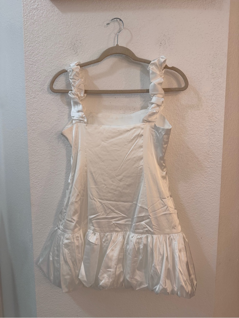 Peppermayo Monroe White Satin Ruffle-Strap Mini Dress W/ Bubble Skirt Drop Waist - Picture 7 of 12